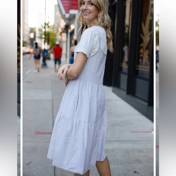 Lena Tiered Linen Dress in Beige and White Stripe Sz L handmade fair trade - Picture 5 of 7